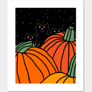 Night time in the Halloween pumpkin patch with four cats Posters and Art